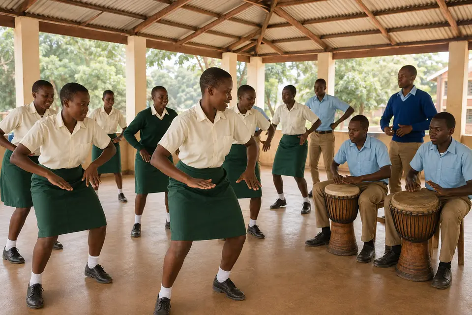 Joy Dominion Academy students rehearsing music and dance in the school hall.