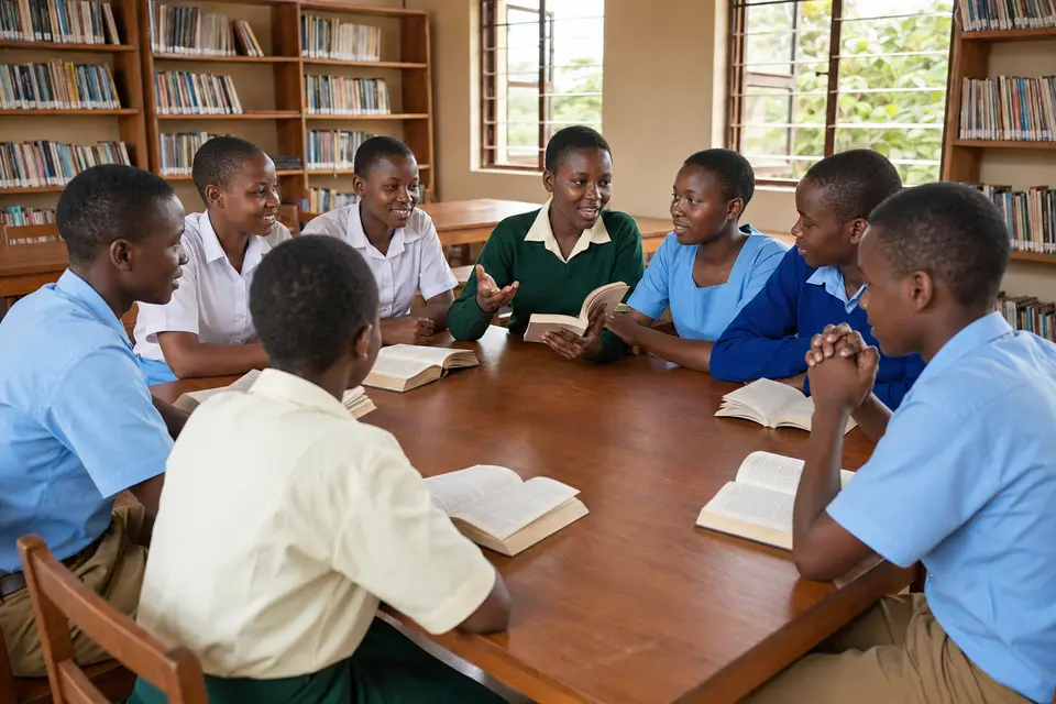 Joy Dominion Academy students discussing books in the school library.